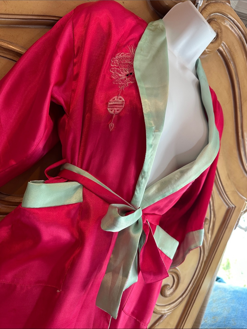 Pink Reversible Kids Kimono Robe with Mint Trim - Elegant Lounge Robe - Picture 3 of 12